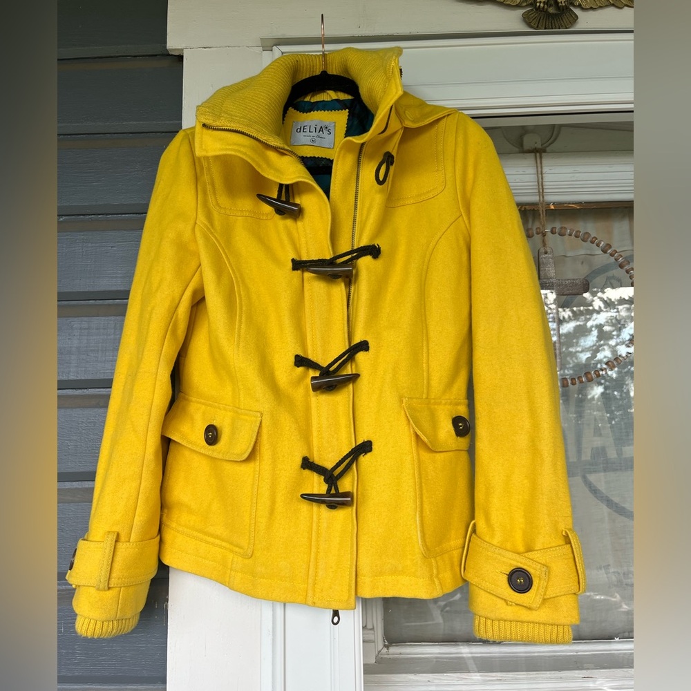 Delia’s Woman’s Yellow M Toggle Hood Wool Blend Lined Pea Coat 90’s Y2k Bright